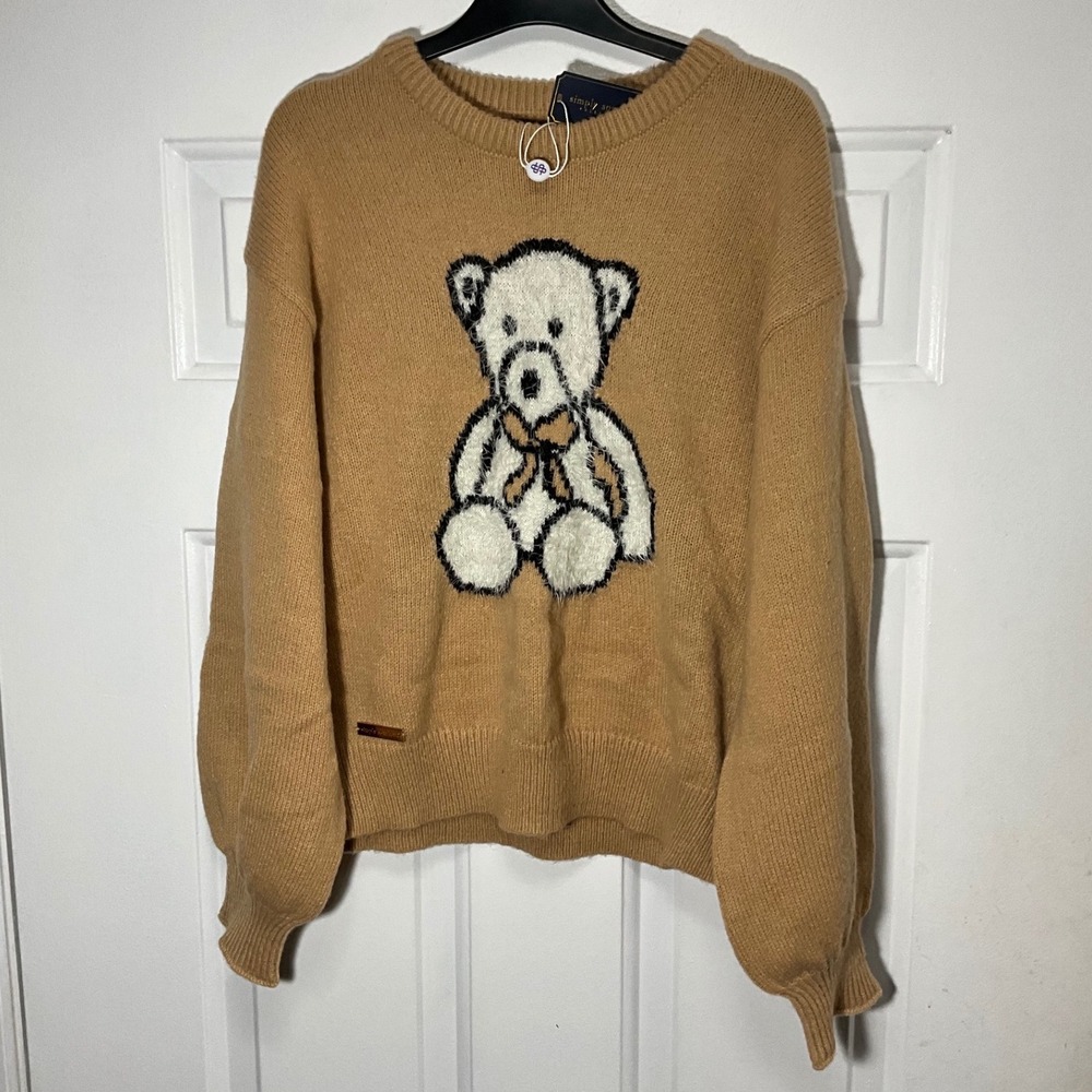 Simply Southern Fuzzy Teddy Bear Sweater Camel Tan Balloon Sleeve Small NEW